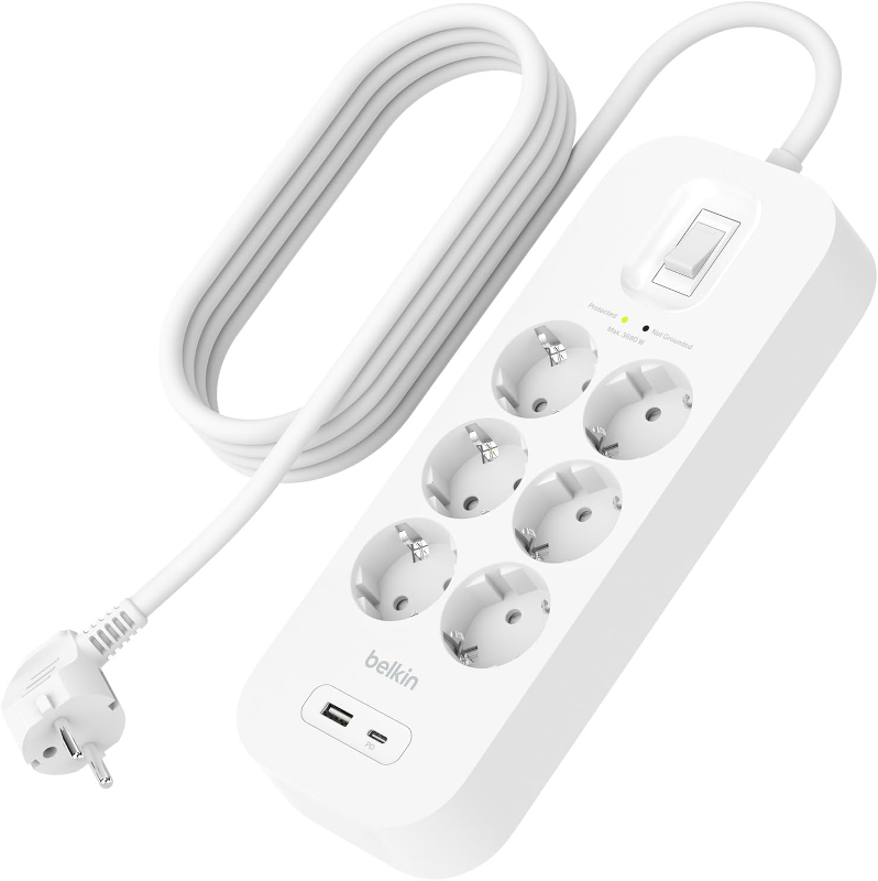 Мережевий фільтр Belkin 6хТип F, USB-A/USB-C (SRB002VF2M)